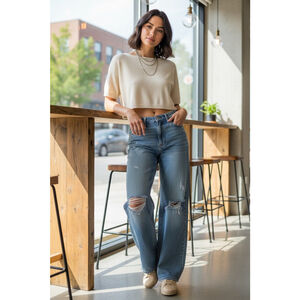 RFM Blue Distressed Wide Leg Jeans Size 28